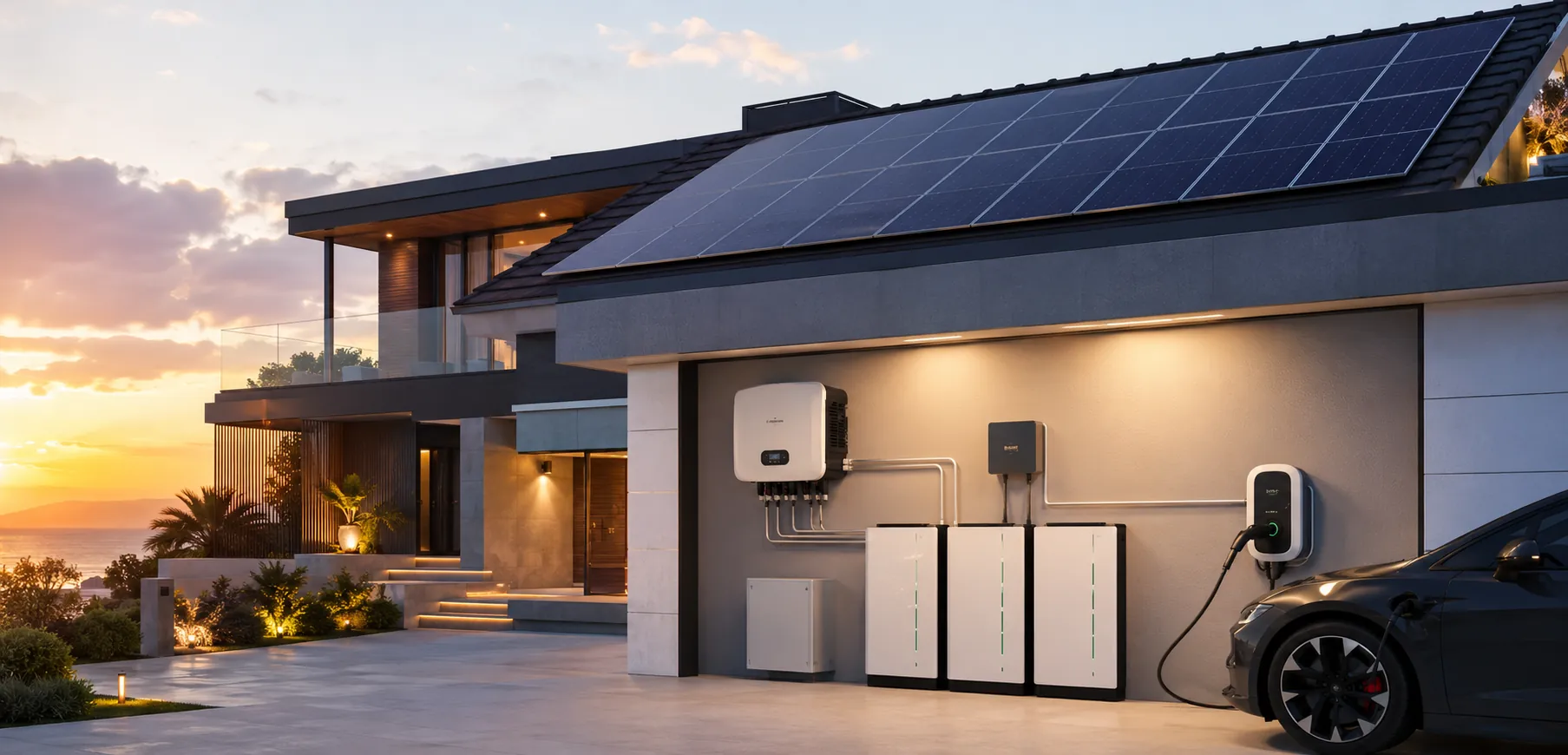 Casa com energia solar no telhado, baterias de lítio e carro elétrico carregando