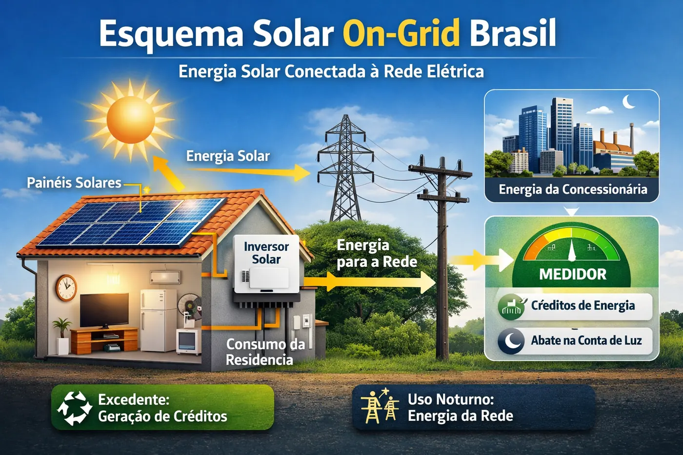Esquema de energia solar conectada à rede